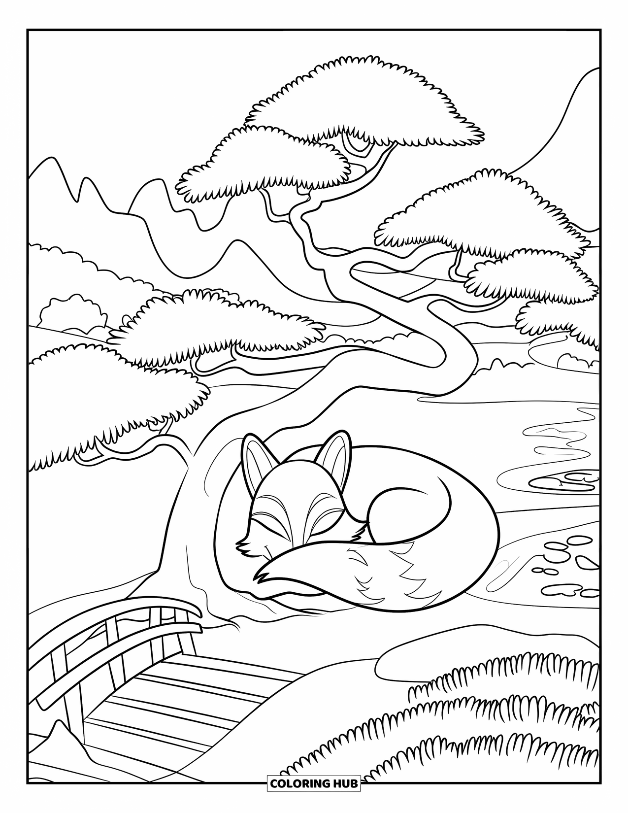 Zen Coloring Page for Kids: Fox rests under bonsai near a bridge and calm pond