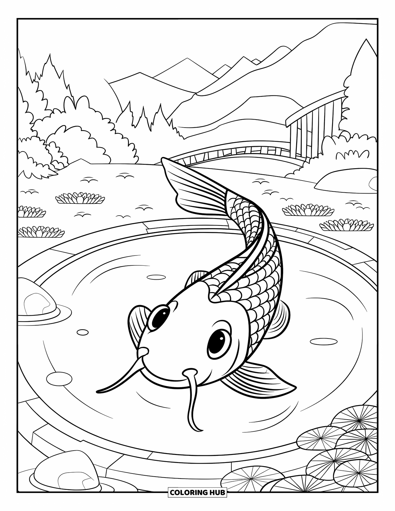 Zen Coloring Page for Kids: Happy koi fish swims near rocks, trees, and a mountain bridge