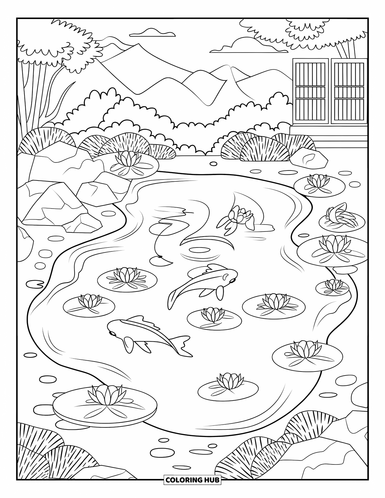Zen Coloring Page for Kids: Koi fish and lily pads float in a peaceful pond with mountains and trees