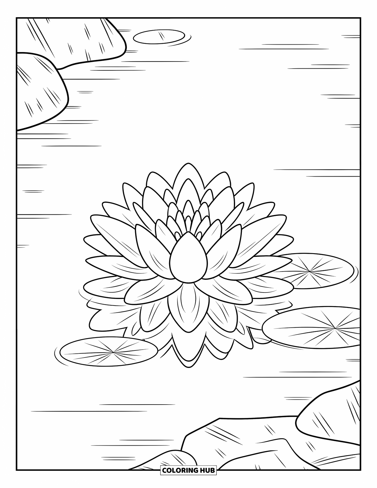 Zen Coloring Page for Kids: Large lotus flower floats in calm water with nearby rocks and leaves