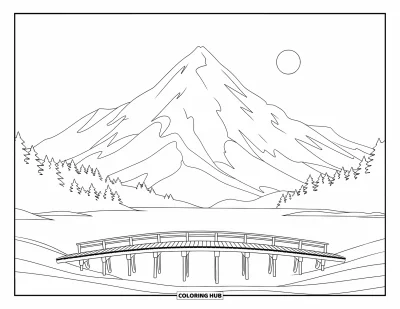 Desen de colorat zen pentru copii: Peisaj cu munte și lac, pod din lemn sub o lună plină