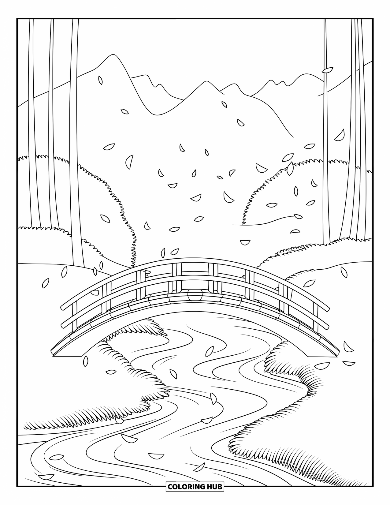 Zen Coloring Page for Kids: Peaceful bridge over water with falling petals and distant mountains