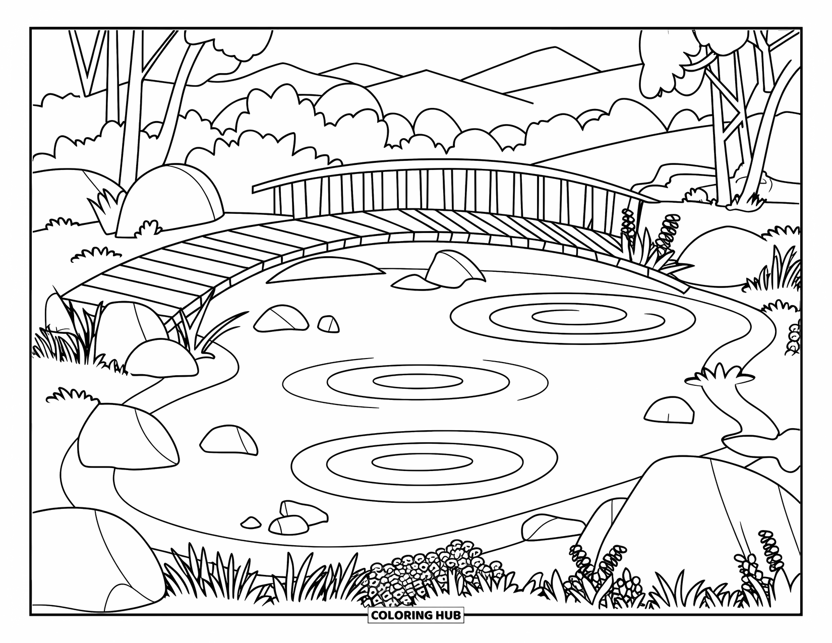 Zen Coloring Page for Kids: Peaceful pond with ripples, rocks, and a wooden bridge among trees