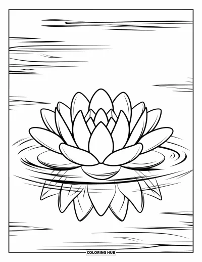 Desen de colorat zen pentru copii: O floare simplă de lotus plutește pe apă liniștită, cu spațiu alb deschis