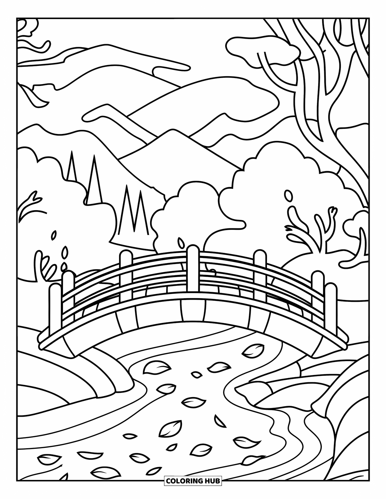 Zen Coloring Page for Kids: Small arched bridge over a stream with falling petals
