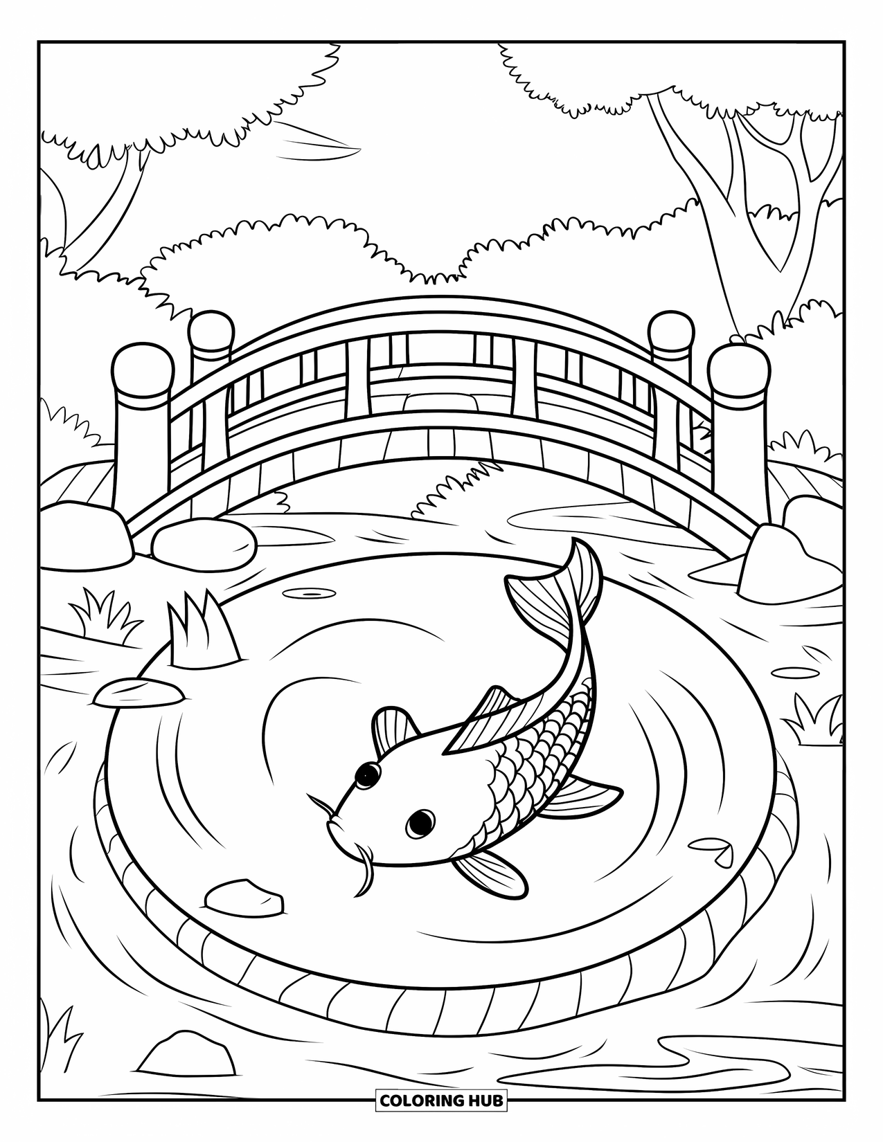 Zen Coloring Page for Kids: Smiling koi fish in a round pond with a wooden bridge and trees