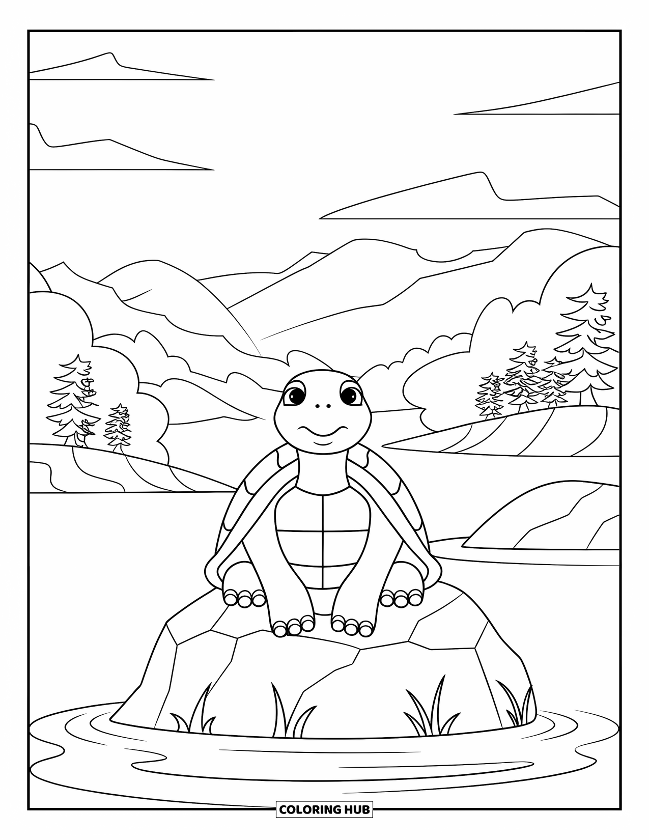 Zen Coloring Page for Kids: Turtle rests on a rock with peaceful mountains and trees around