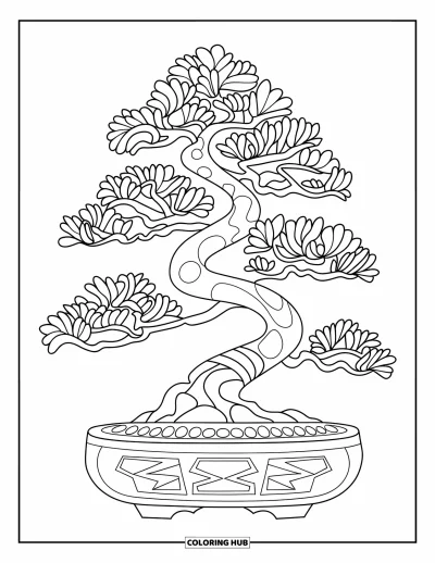 Desen de colorat zen pentru copii: Bonsai răsucit într-un ghiveci decorat cu modele geometrice
