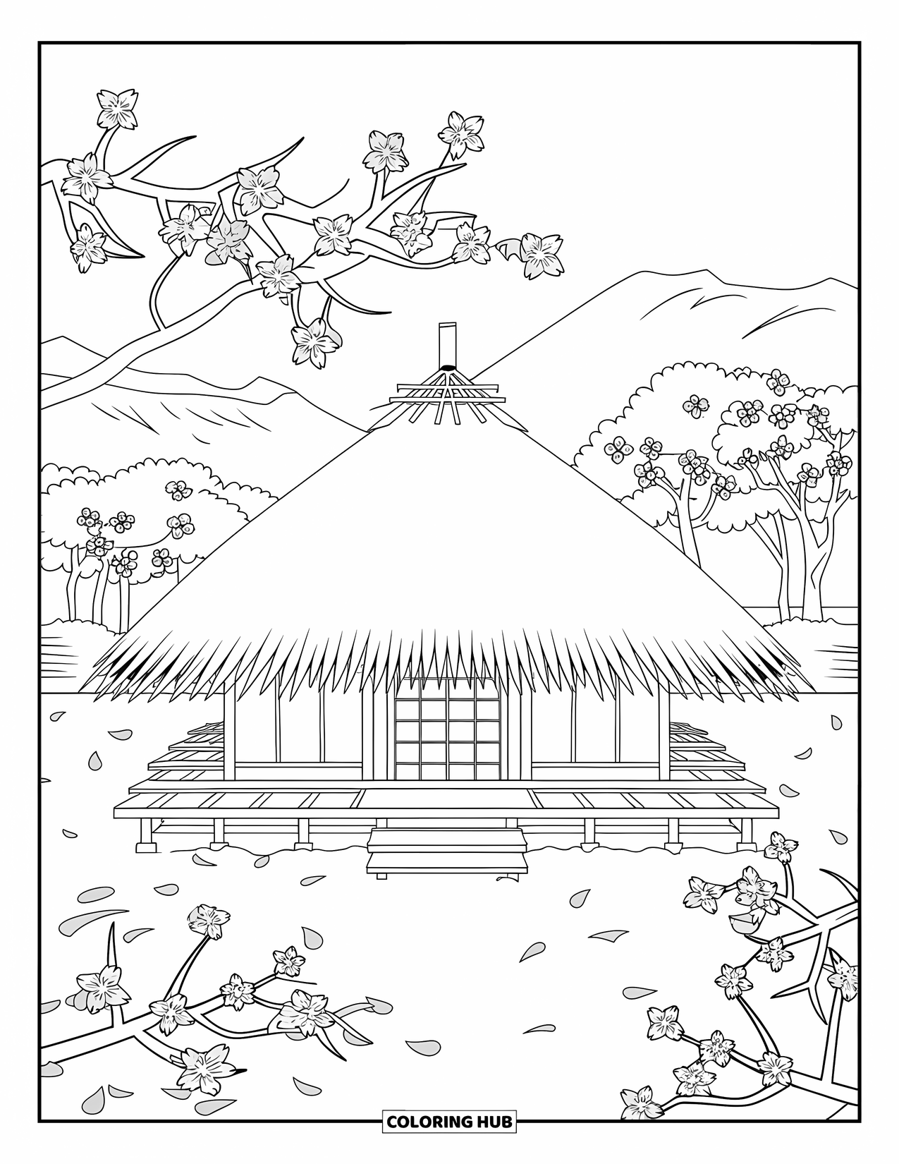 Zen Coloring Page for Kids: Wooden tea house surrounded by sakura trees and pink petals