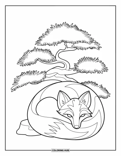 Desen de colorat zen pentru copii: Vulpe zen ghemuită lângă un bonsai, cu o piatră în apropiere