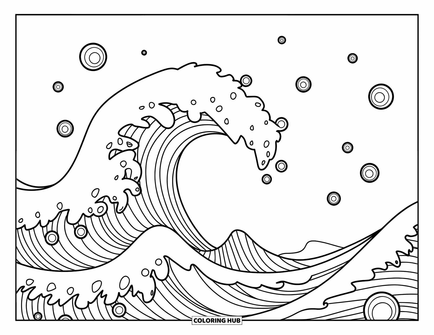 Zen Coloring Page for Kids: Zen wave swirls with bubbles and playful round shapes