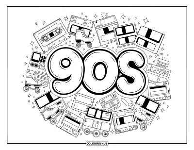Fargeleggingsark med 90-tallstema for voksne: "90s" i puffete ballongbokstaver omgitt av søte kassetter, skøyter og gnister