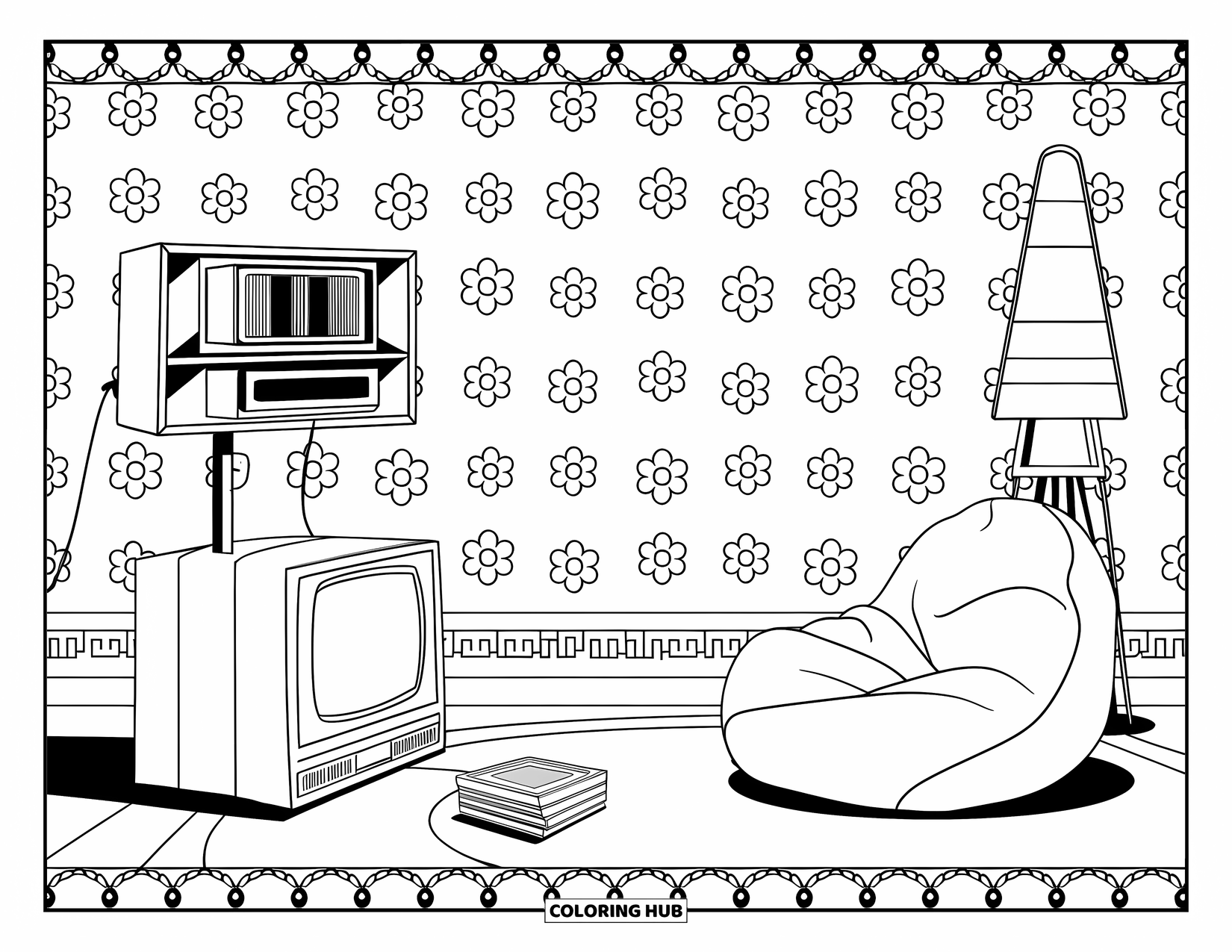 90S Coloring Page for Adults: A flower-patterned wall behind a retro setup with a floor TV and bean bag