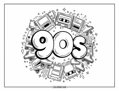 Fargeleggingsark med 90-tallstema for voksne: Sjarmerende "90s"-tekst omgitt av minibånd, skøyter og glitter i doodle-stil