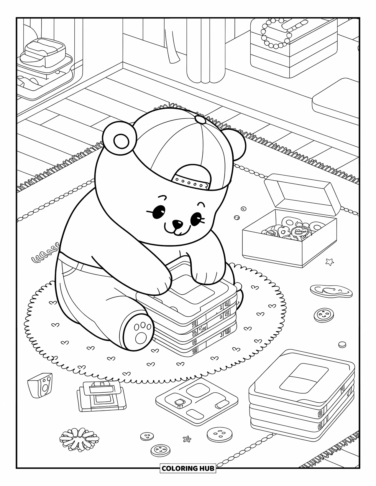 90S Coloring Page for Adults: Adorable bear plays on a rug with floppy disks, buttons, and a heart-shaped box