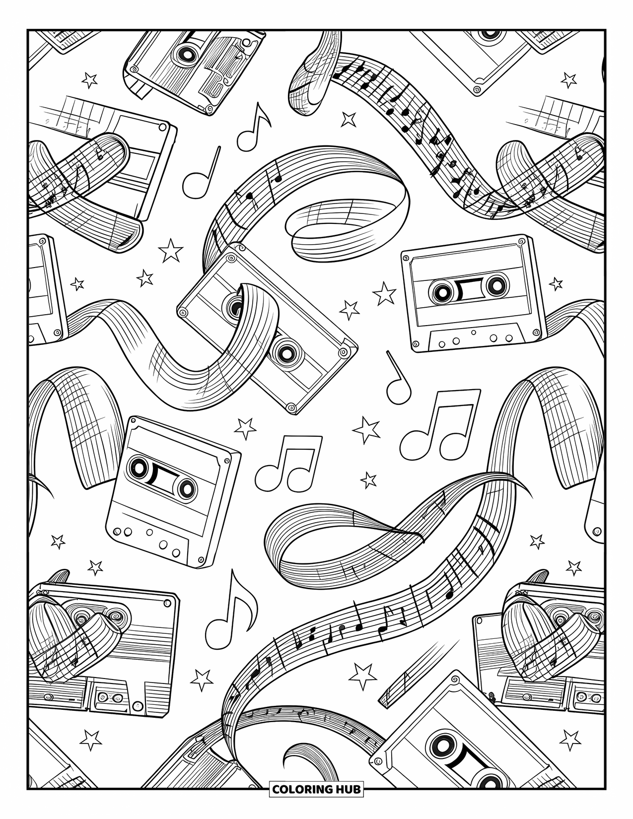 90S Coloring Page for Adults: Cassette tapes and music notes repeat in a fun, detailed pattern