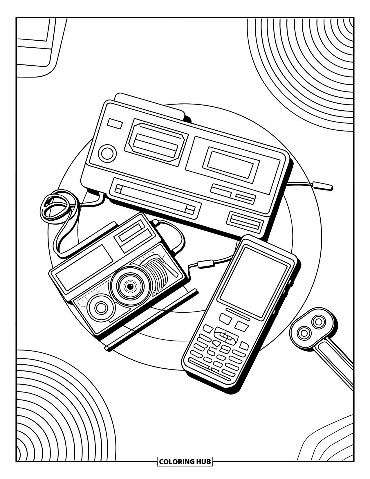 90S Coloring Page for Adults: Circular layout of retro gadgets like a walkman, joystick, and camcorder