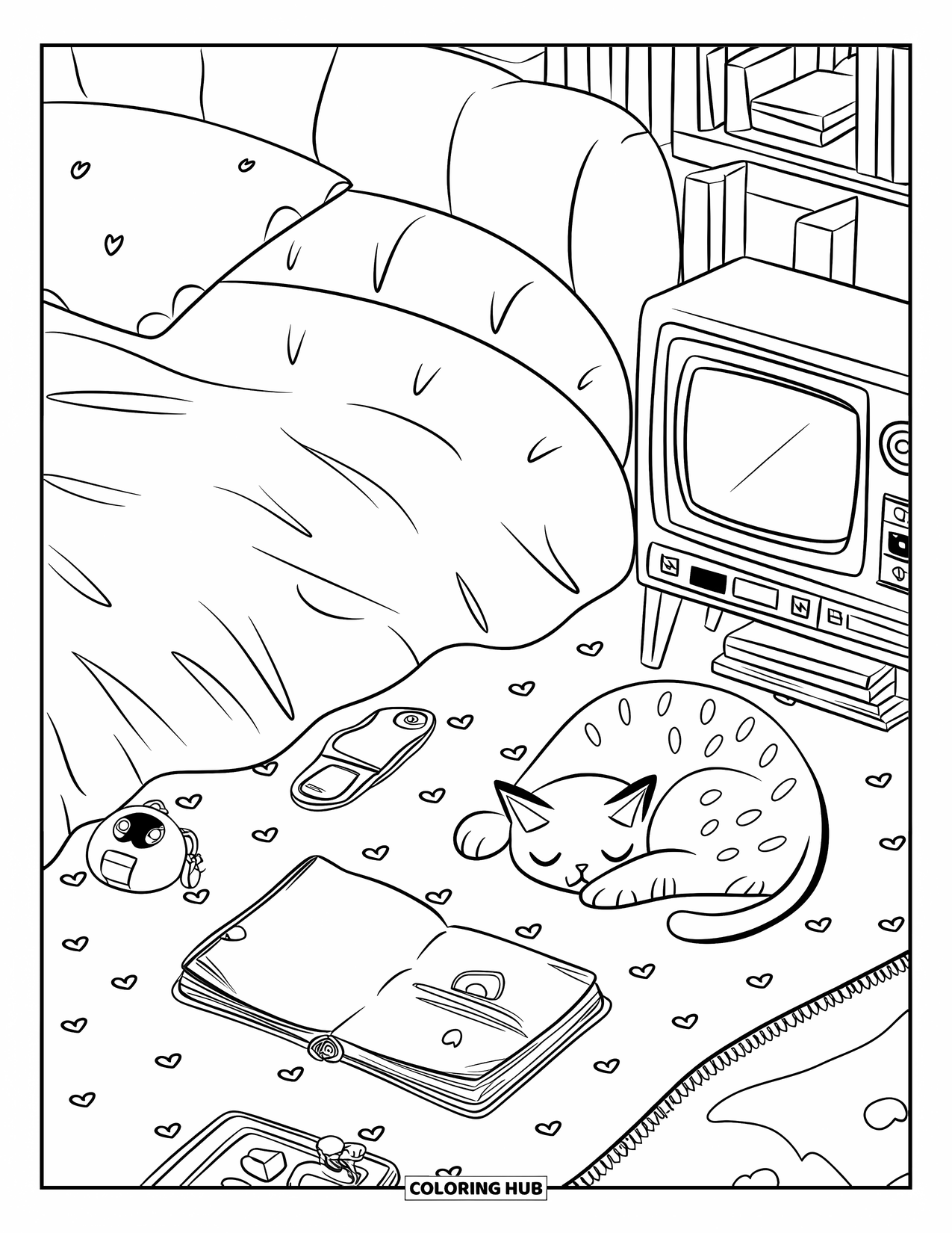 90S Coloring Page for Adults: Cozy bedroom scene with a sleepy cat, old TV, journal, and Tamagotchi keychain