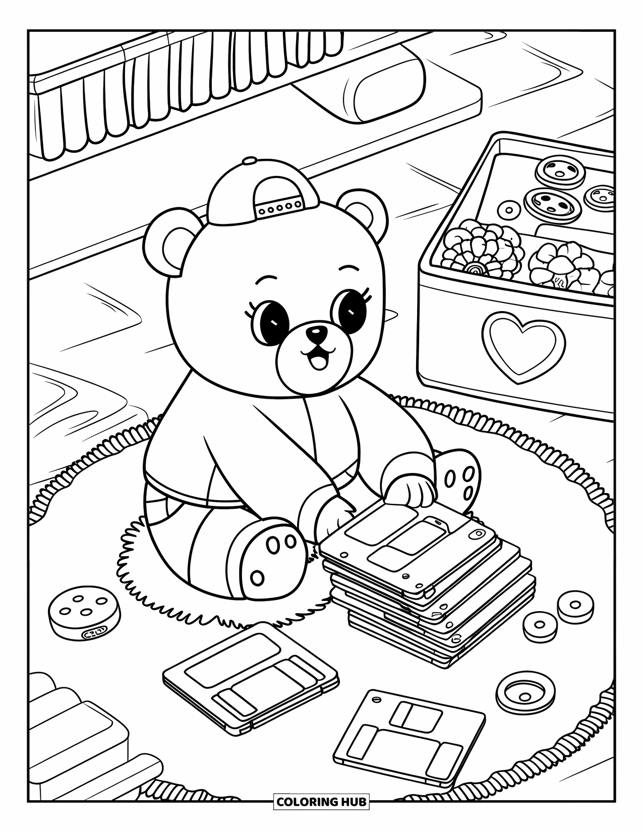 90S Coloring Page for Adults: Cuddly bear in baggy jeans plays with floppy disks on a fluffy rug