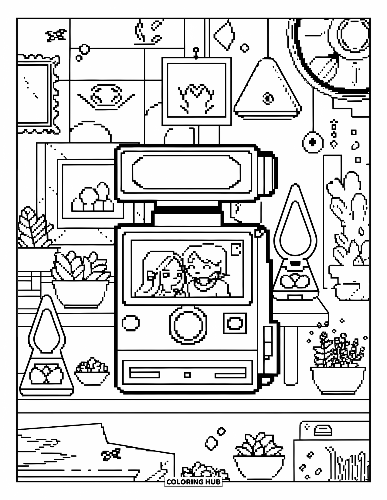 90S Coloring Page for Adults: Cute shelf setup with a camera, cozy decor, and playful retro items