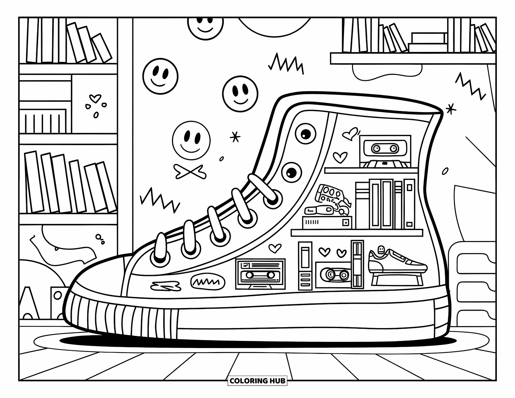 90S Coloring Page for Adults: Fun sneaker bookshelf with tiny 90s toys and floating doodles all around