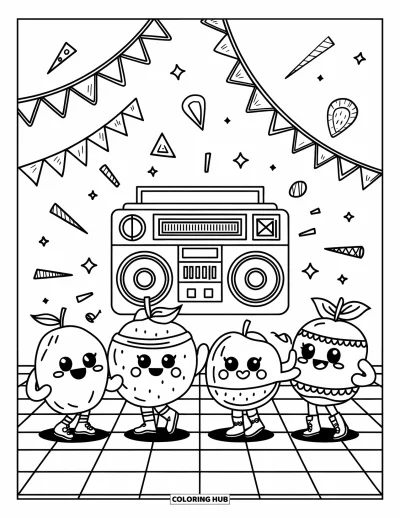 Fargeleggingsark med 90-tallstema for voksne: Funky fruktdansere og en boombox lyser opp en liten diskoscene