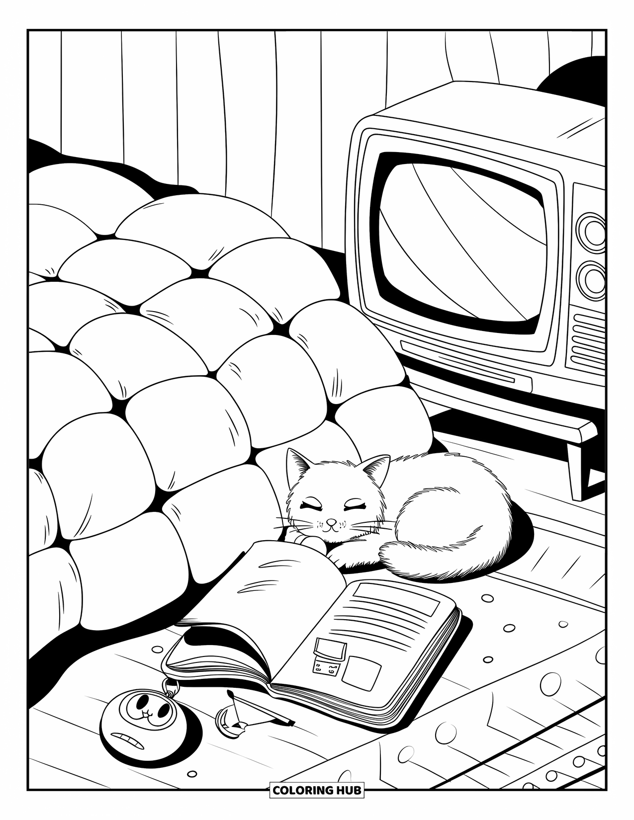 90S Coloring Page for Adults: Lazy Sunday nook with a cat, soft comforter, journal, and old-school TV