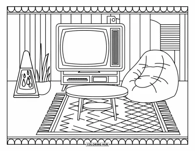 Fargeleggingsark med 90-tallstema for voksne: Retro stue med gulv-TV, lavalampe og bønneposesakk