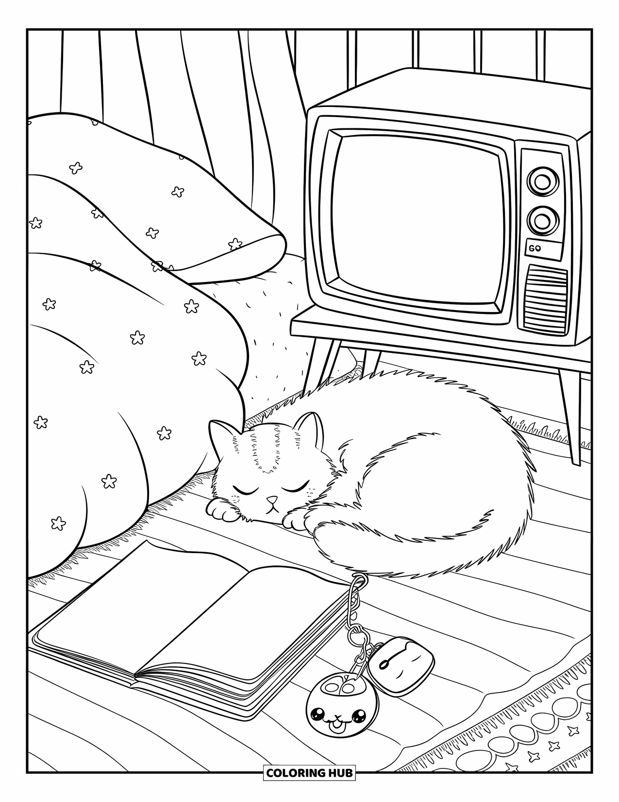 90S Coloring Page for Adults: Warm bedroom corner with a curled-up cat, journal, and Tamagotchi near a retro TV