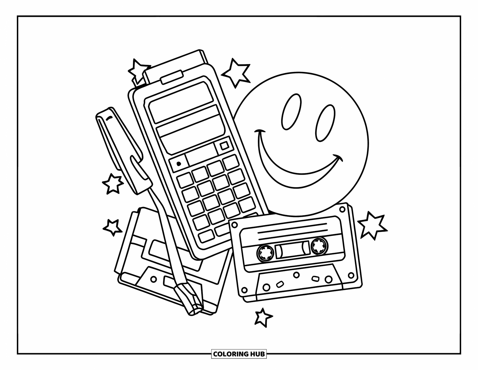 90S Coloring Page for Kids: 90s doodles featuring a pager, smiley face, cassette, and star accents