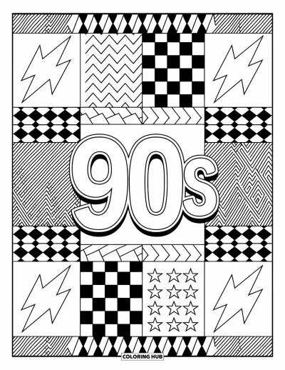 Fargeleggingsark med 90-tallstema for barn: "90s" i fet kursiv omgitt av stjerner, lynnedslag og retromønstre