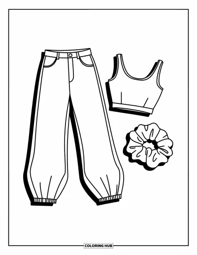 Fargeleggingsark med 90-tallstema for barn: 90-tallsantrekk med vide jeans, crop top og scrunchie lagt ut pent