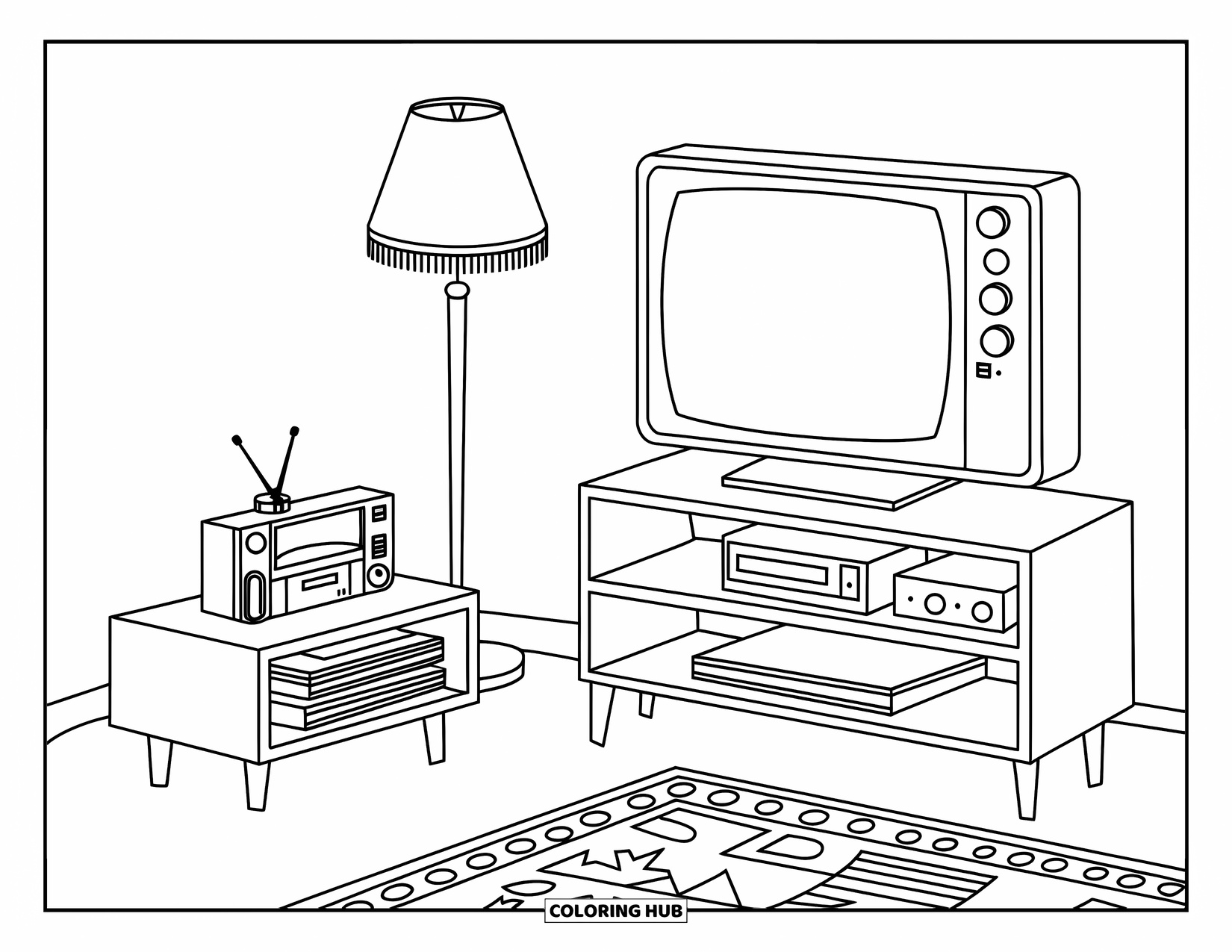 90S Coloring Page for Kids: 90s room scene with TV, tapes, shelf, and patterned rug