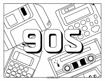 Fargeleggingsark med 90-tallstema for barn: 90-tallsteknikkollasj med diskett, personsøker, kassett, telefon og "90s"-tekst i midten