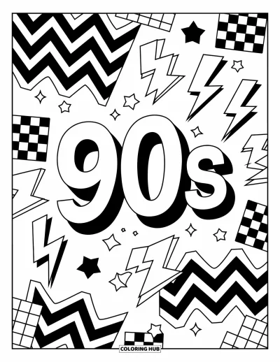 Fargeleggingsark med 90-tallstema for barn: "90s"-tekst omgitt av sikksakklinjer, stjerner, sjakkbrettmønstre og lynnedslag
