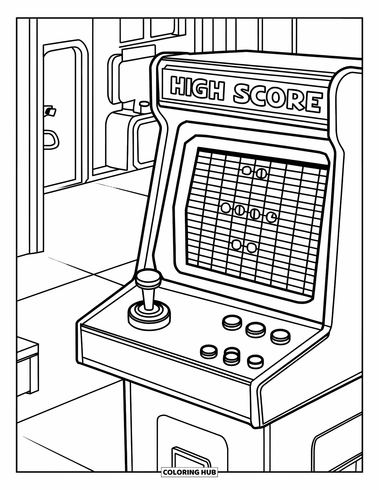 90S Coloring Page for Kids: Arcade machine with high scores in a cozy room with a door and TV screen