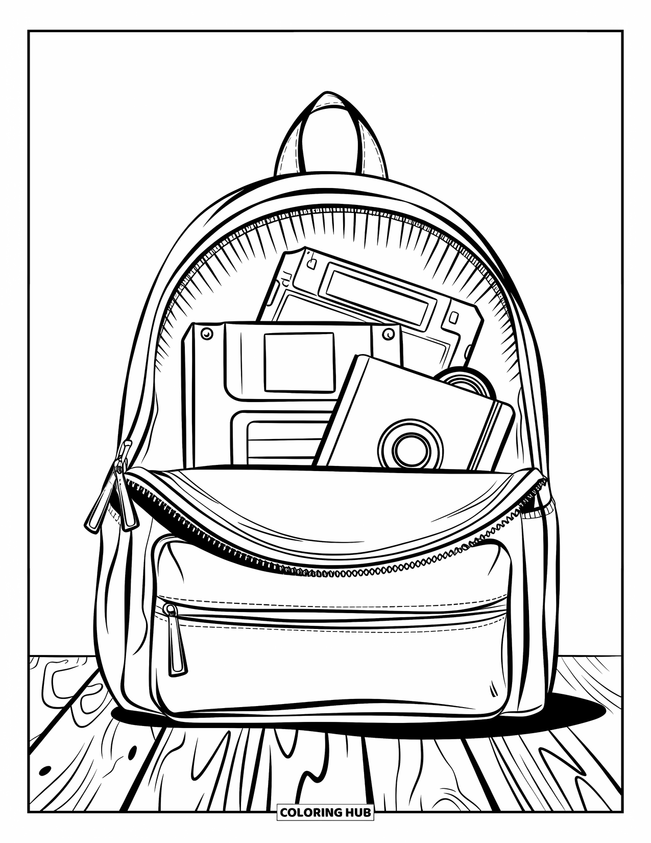 90S Coloring Page for Kids: Backpack on wood surface filled with floppy disk, notebook, and yo-yo