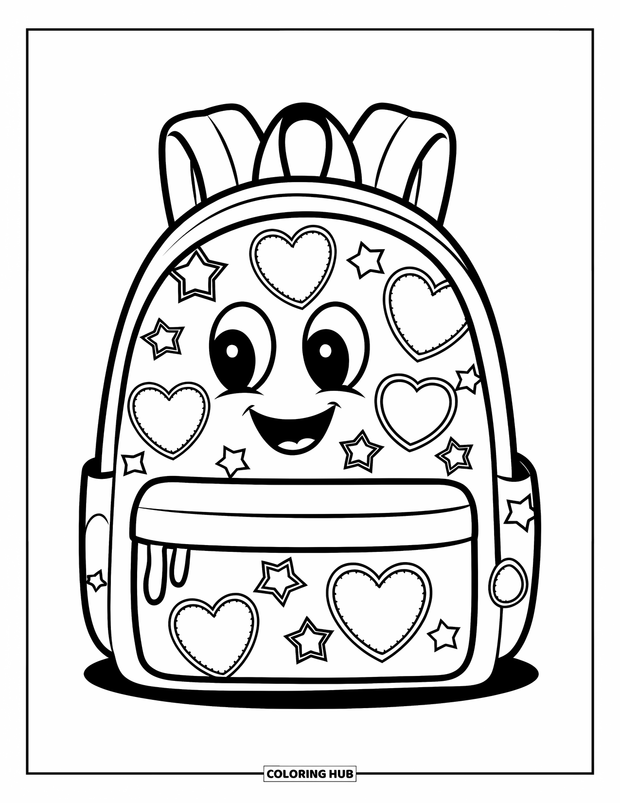 90S Coloring Page for Kids: Backpack with heart and star patches on a clean, friendly design