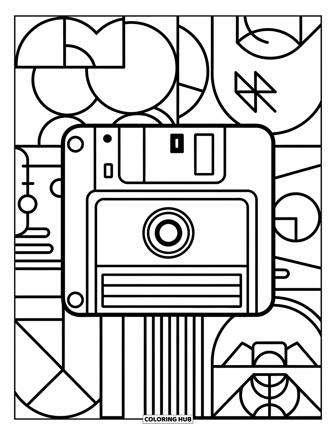90S Coloring Page for Kids: Big floppy disk with circles, squares, and fun shapes all around it