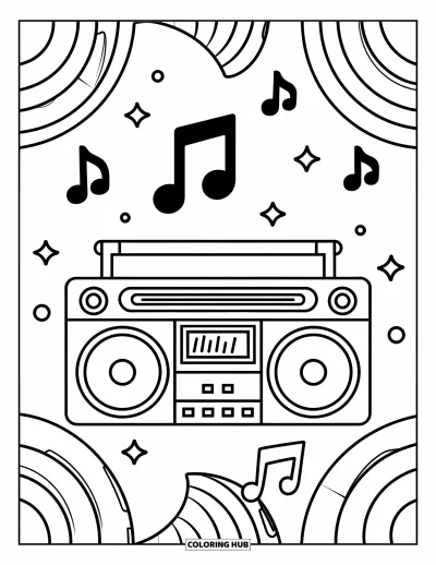 Fargeleggingsark med 90-tallstema for barn: Boombox som blaster musikk med morsomme symboler som danser i luften over