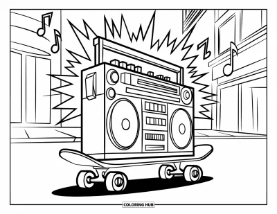 Fargeleggingsark med 90-tallstema for barn: Boombox som kjører på et skateboard med gnister og musikknoder etter seg