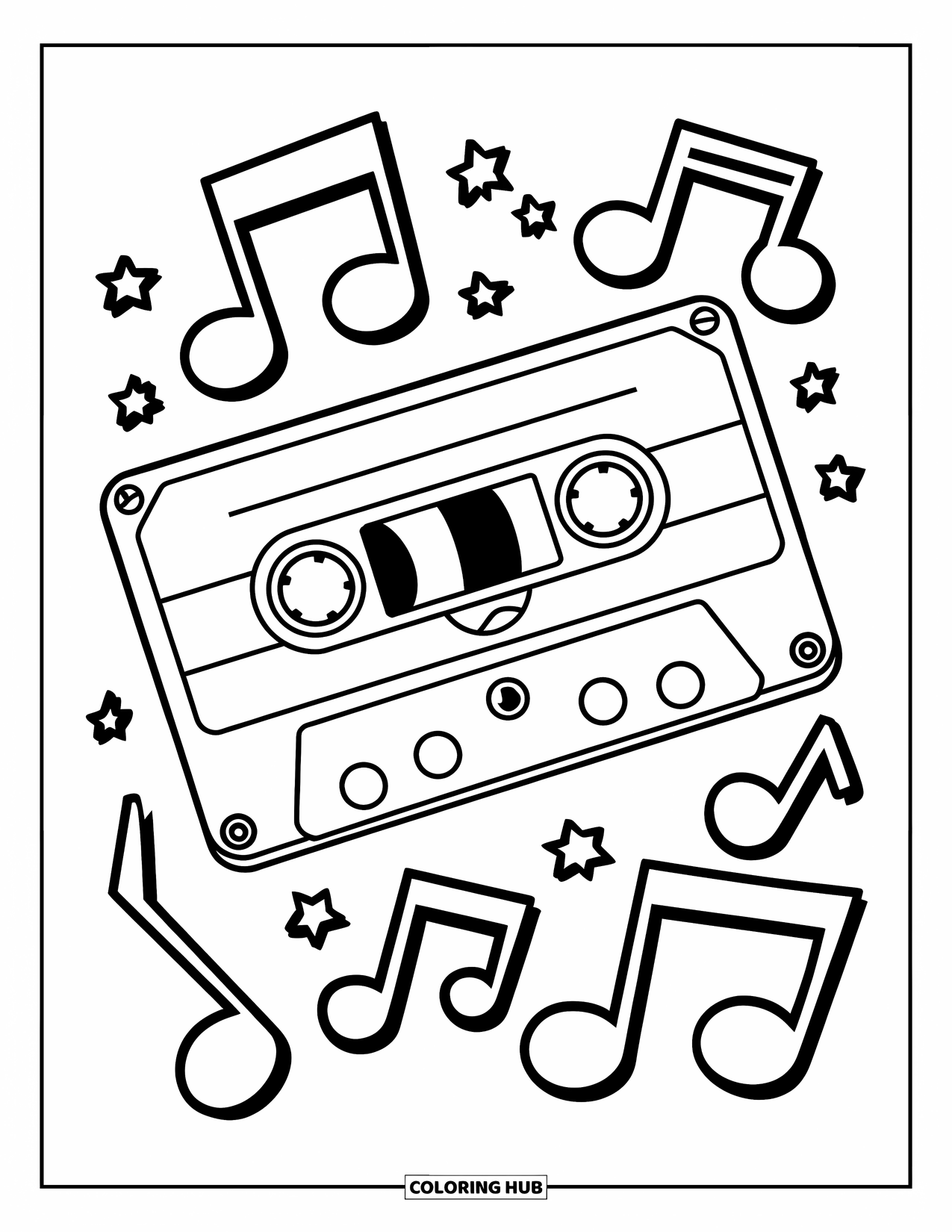 90S Coloring Page for Kids: Cassette tape with a big smile and music notes dancing around
