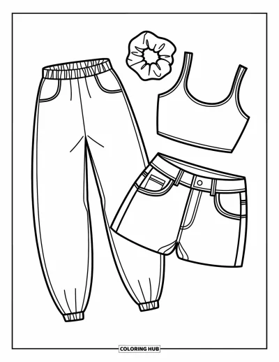 Fargeleggingsark med 90-tallstema for barn: Klassisk antrekk med jeans, crop top og scrunchie lagt ut i et nostalgisk 90-tallslook