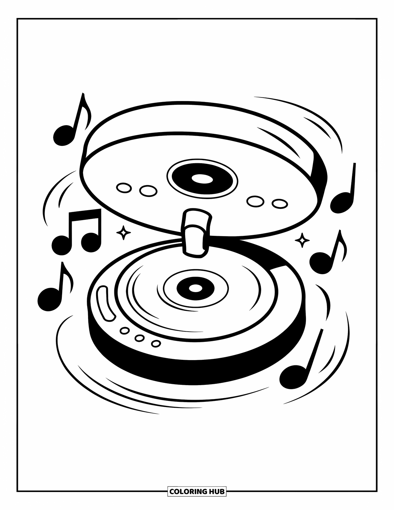 90S Coloring Page for Kids: Cute CD player spinning with music notes and motion lines