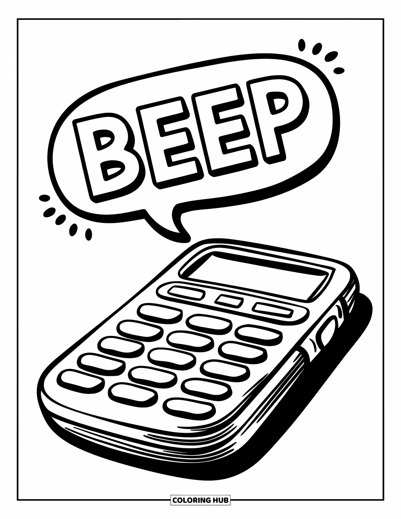 90S Coloring Page for Kids: Pager with big buttons and a speech bubble that says "Beep"