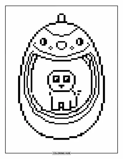 Fargeleggingsark med 90-tallstema for barn: Pikselkjæledyr inni en Tamagotchi med tre små ikoner øverst