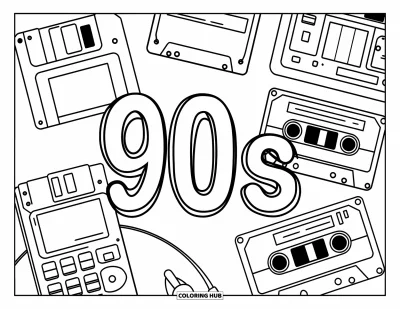 Fargeleggingsark med 90-tallstema for barn: Retrogjenstander som personsøker og kassett sirkler ordet "90s" i midten