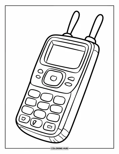 Fargeleggingsark med 90-tallstema for barn: Retro mobiltelefon med store knapper og antenne, stående på en flate