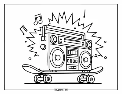 Fargeleggingsark med 90-tallstema for barn: Sidevisning av en boombox på et skateboard med musikknoder som flyter i nærheten