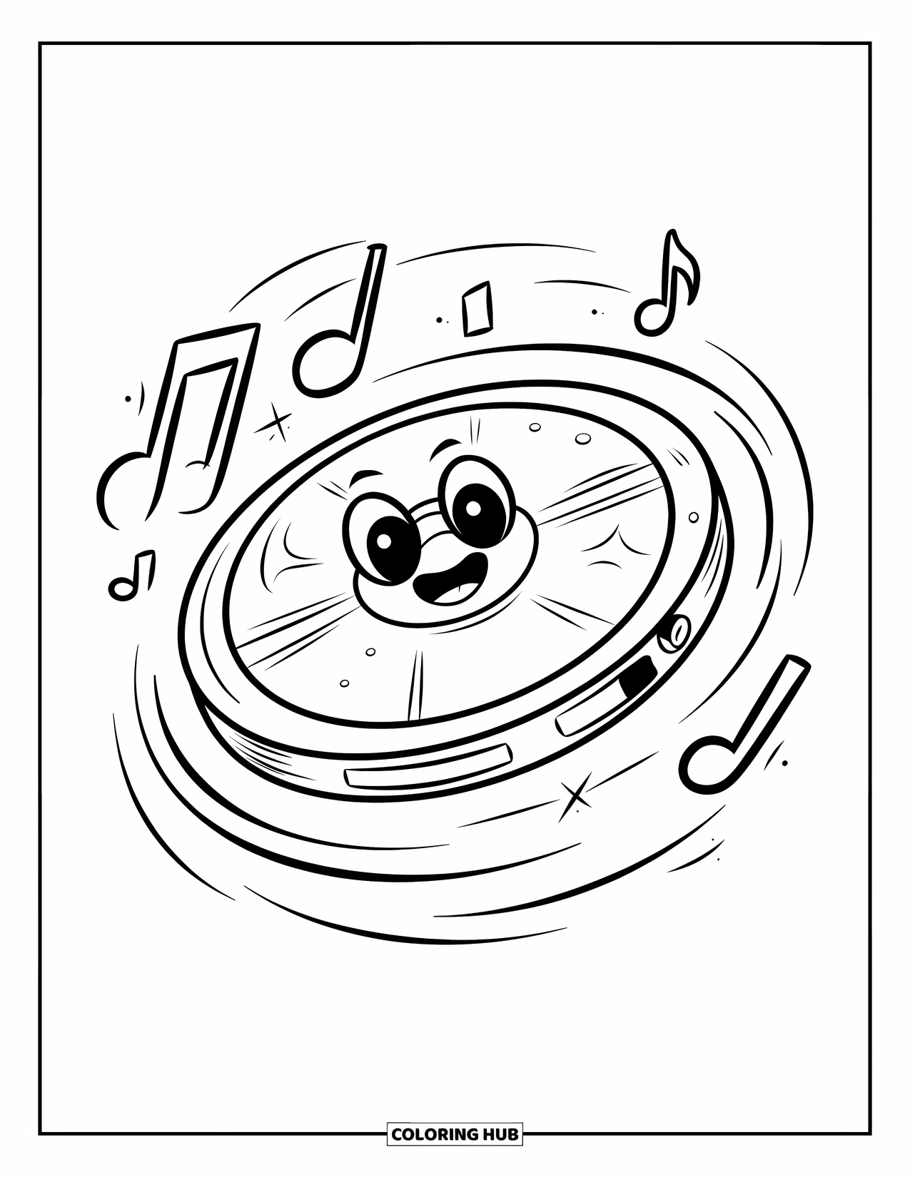 90S Coloring Page for Kids: Smiling CD player floats mid-air with motion lines and musical notes